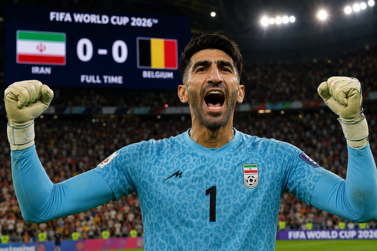 "Iran goalkeeper Alireza Beiranvand celebrating after holding Belgium 0-0 at 2026 FIFA World Cup"