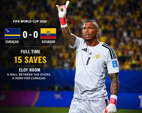"Curaçao goalkeeper Eloy Room celebrates after 15-save performance vs Ecuador at 2026 FIFA World Cup"